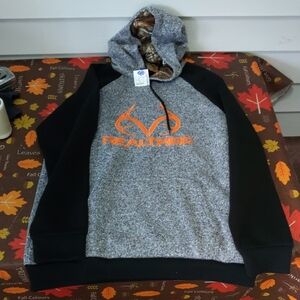 Realtree Heather Gray and Black Hoodie with Vibrant Orange Logo